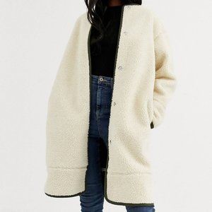 Colalrless Borg Coat with Seam Detail in Cream